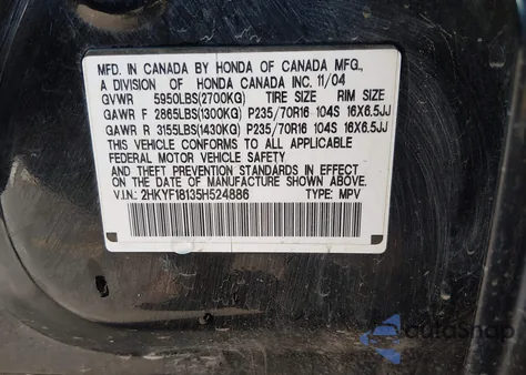 2005 Honda Pilot Lx from USA, damaged, VIN 2HKYF18135H524886